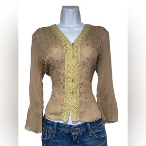 Tan vintage boho style button up blouse with crochet and embroidery details